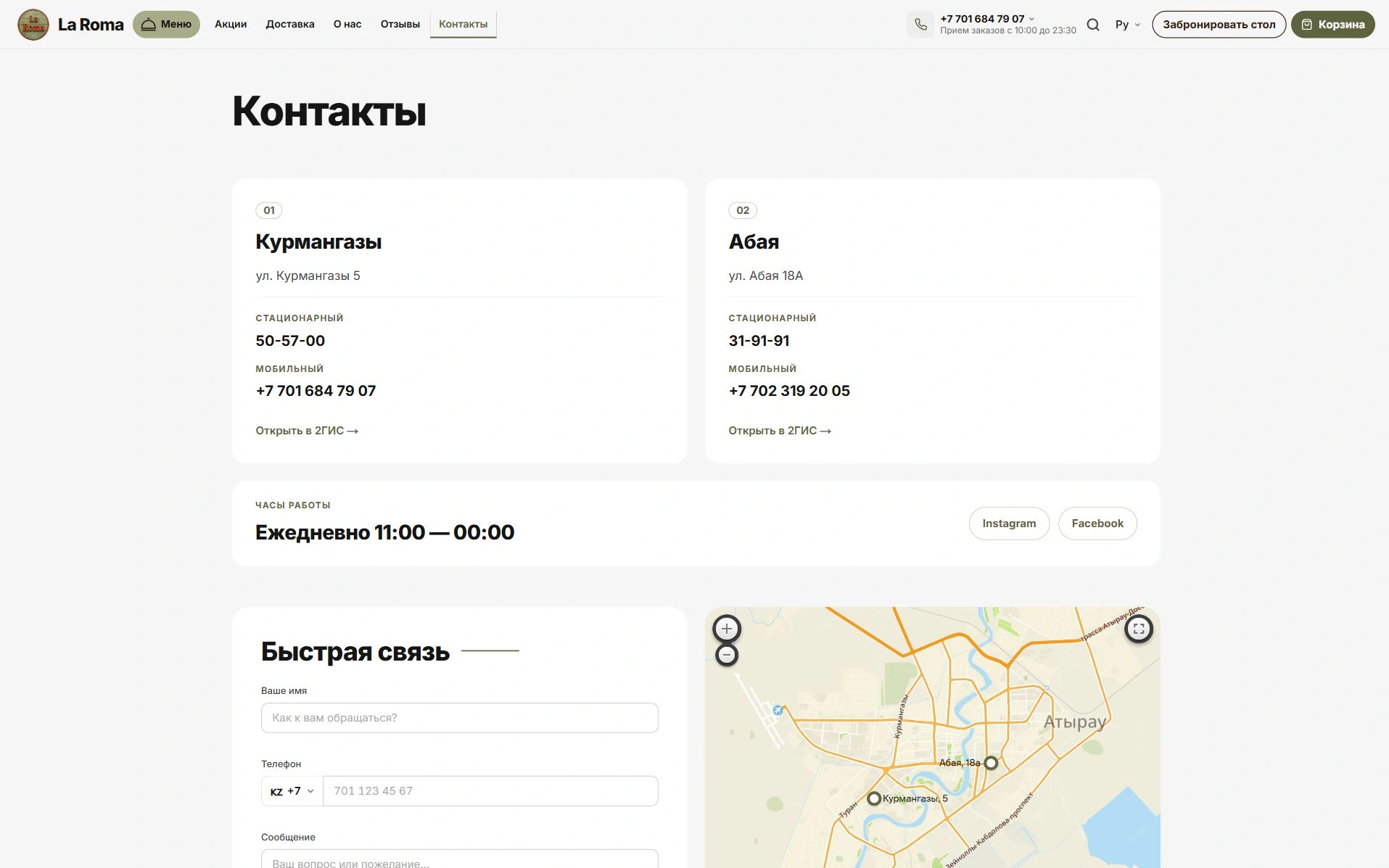 Пиццерияның байланыс деректері